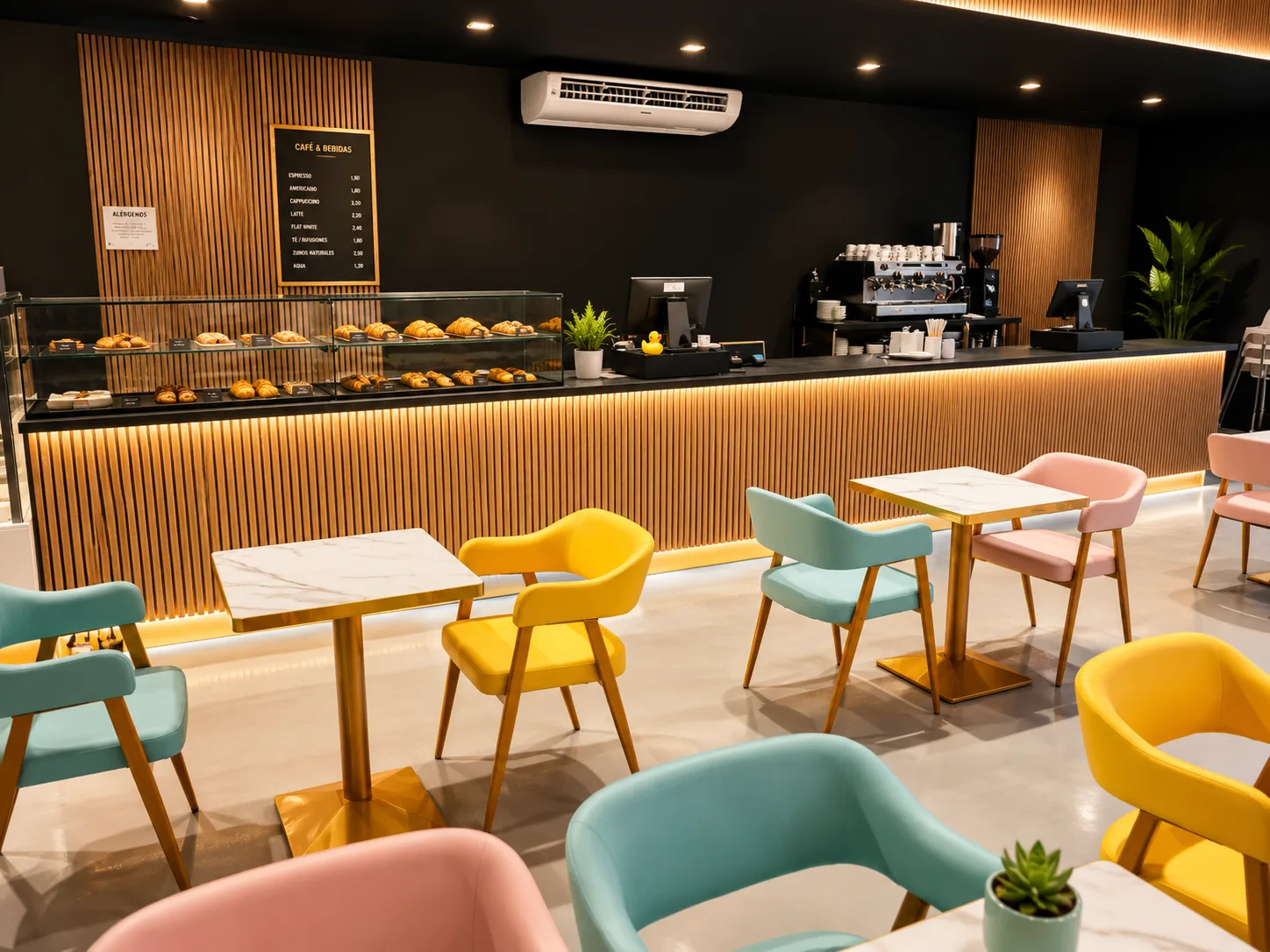 Barra de la cafetería restaurante de L’Ametlla con mesas en primer plano
