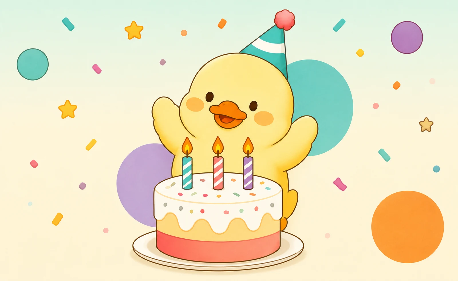 Patito celebrando un cumpleaños junto a una tarta y confeti