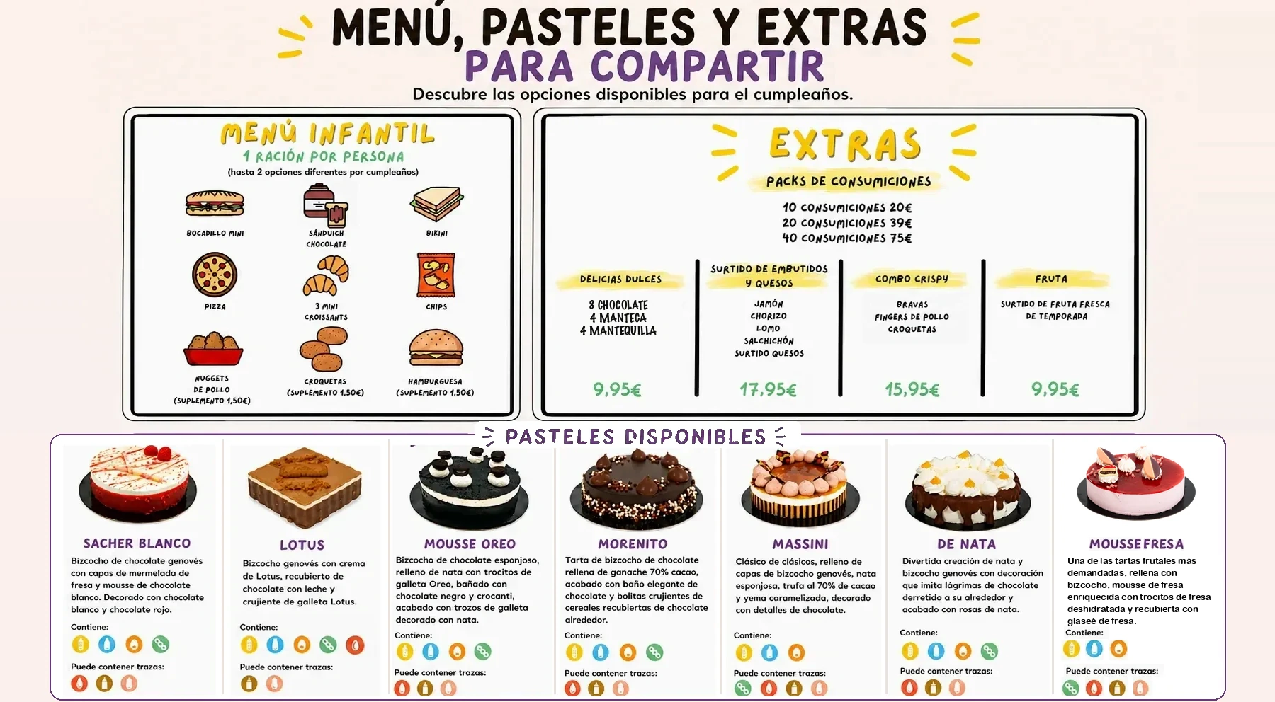 Carta visual de menú infantil, extras para compartir y pasteles disponibles para celebraciones en L’Ametlla