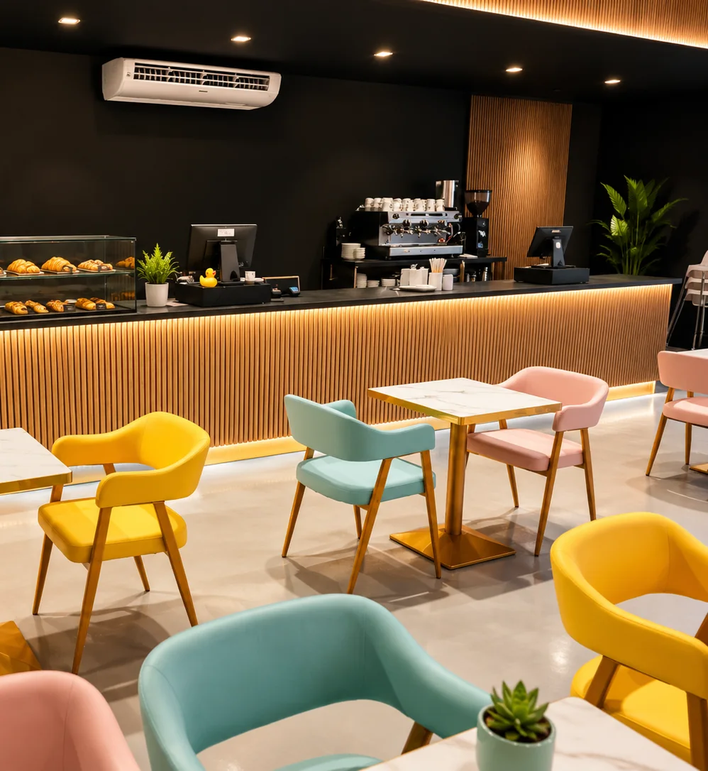 Barra de cafetería con mesas y sillas de colores