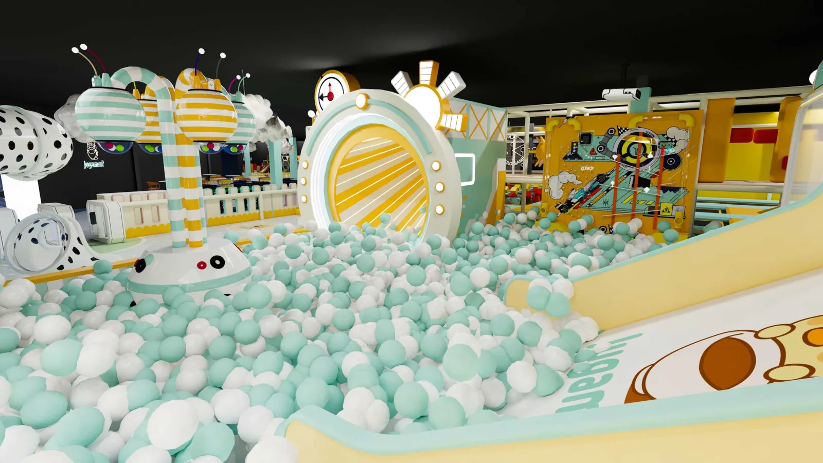 Vista panorámica de la piscina de bolas y las estructuras de juego de Jugamos Park L’Ametlla